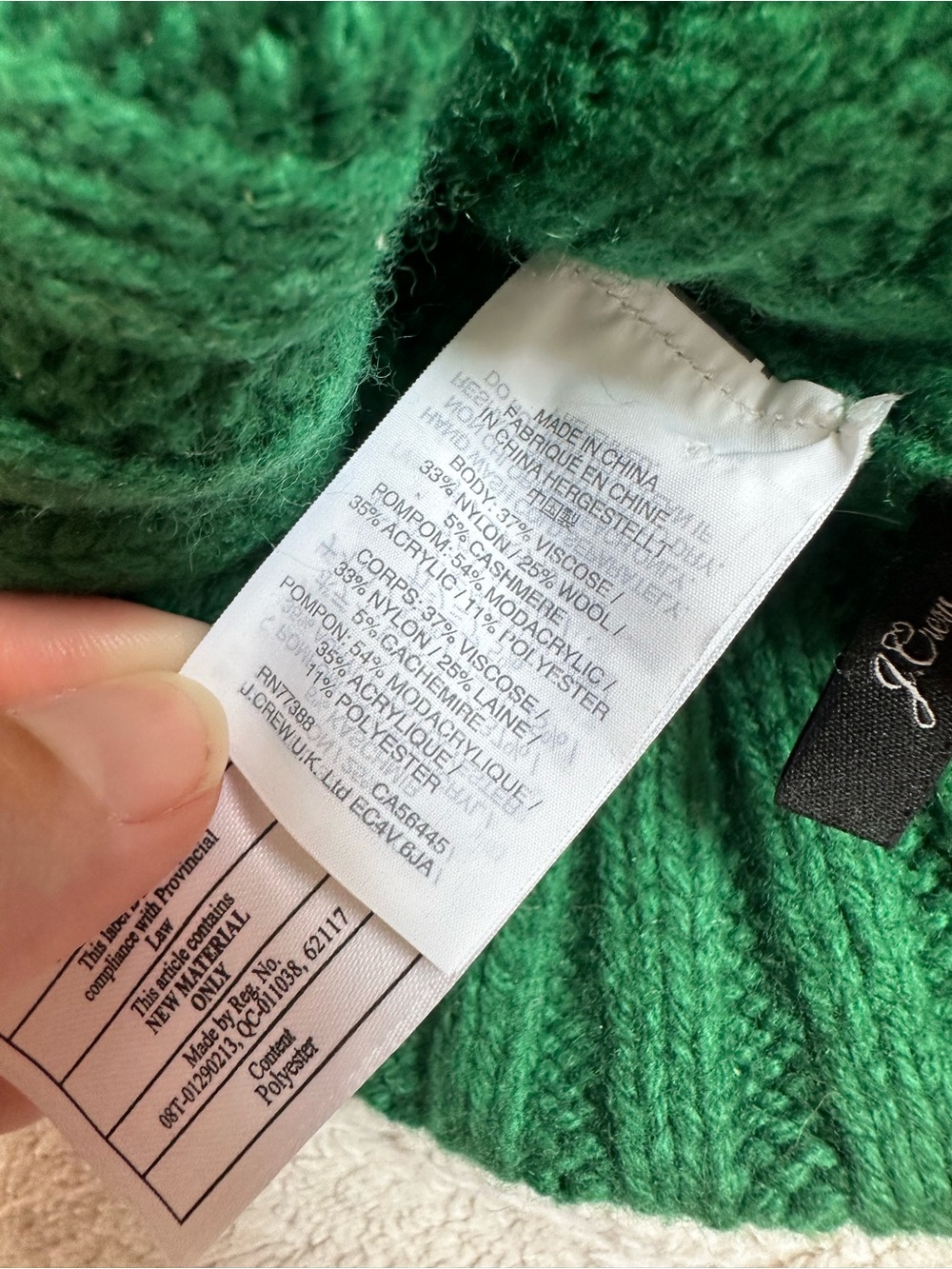 J.Crew | Green Ribbed Beanie Hat with Faux Fur Pom Pom | One Size - Picture 5 of 5